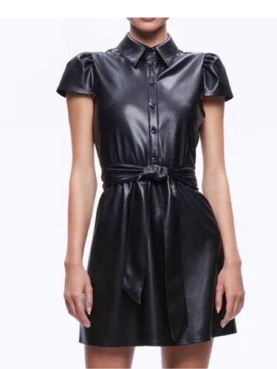 Alice + Olivia Dresses & Skirts - Alice + Olivia Black Carolyn Vegan Leather Mini Shirt Dress with Tie Waist